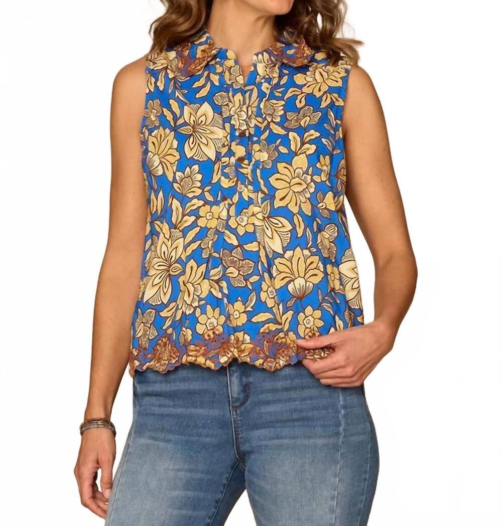 NEW DEMOCRACY sleeveless half placket printed embroidered woven top in cobalt bl